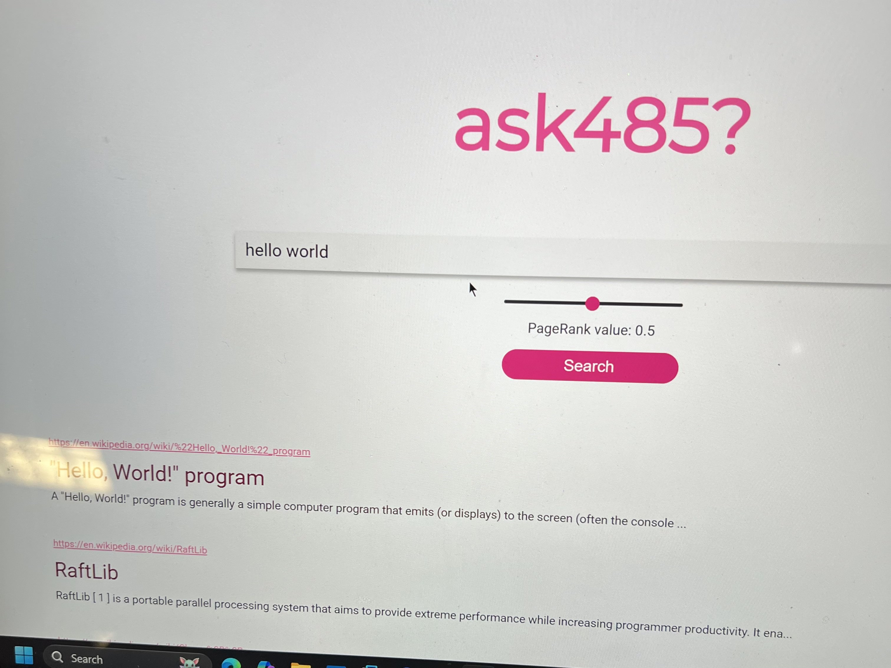 Showcase of ask485 search engine